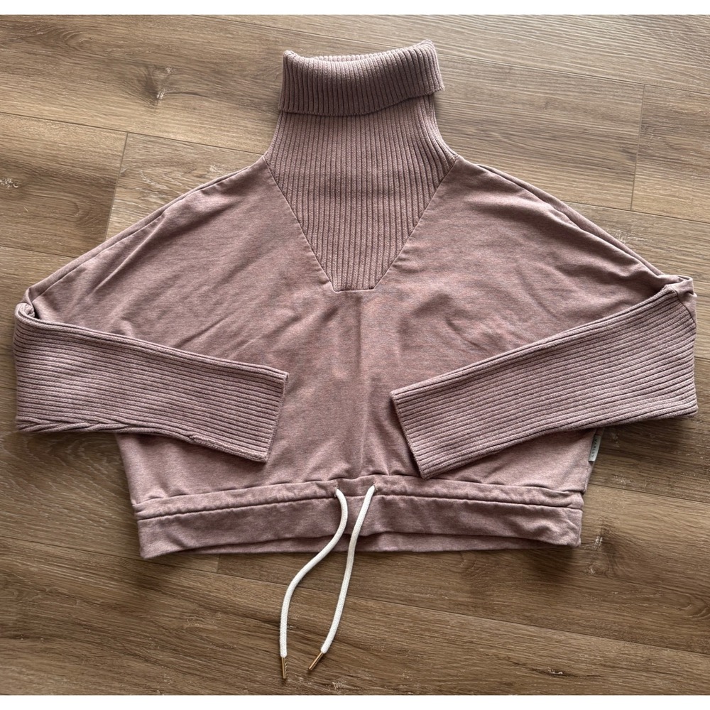 Varley Womens Turtleneck Sweatshirt Mauve Ribbed‎ Knit Crop Drawstring Large